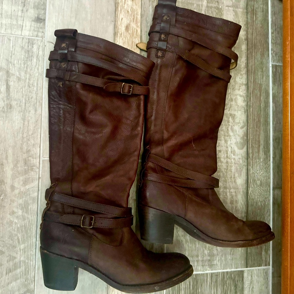 Frye Jane Dark Brown Leather Knee High Boots With Wraparound Buckle Size 7.5